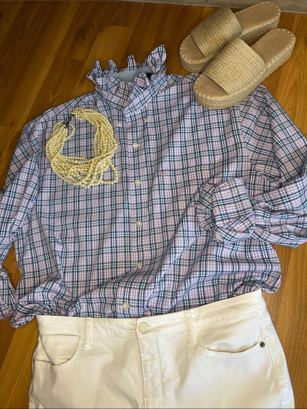 Izod Pink and Blue Plaid Ruffle Collar Button Down Shirt